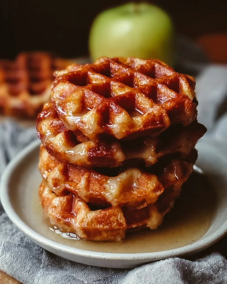 Delicious Apple Fritter Waffle Donuts drizzled with icing and topped with apple slices.