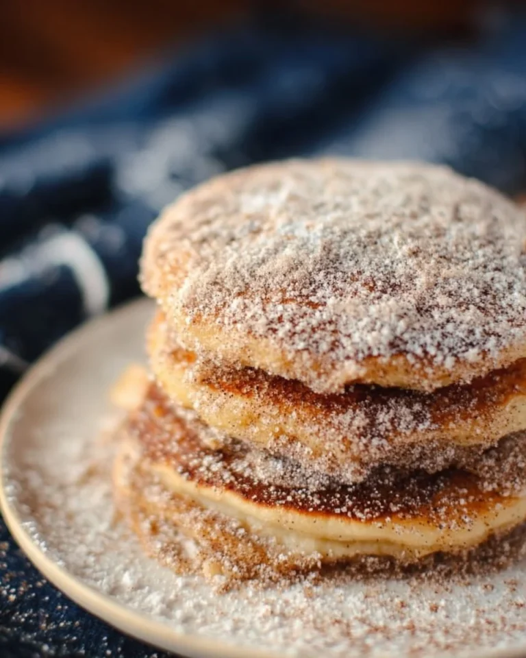 Delicious plate of Cinnamon Churro Pancakes topped with syrup and cinnamon sugar