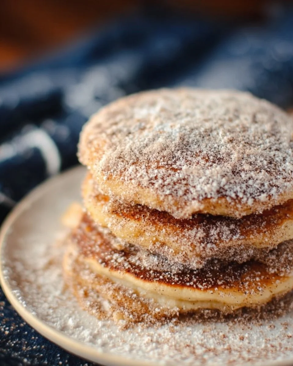 Delicious plate of Cinnamon Churro Pancakes topped with syrup and cinnamon sugar