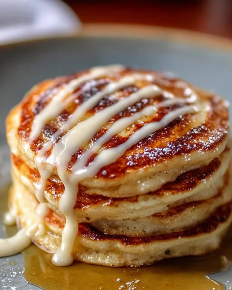 Fluffy cinnamon cream cheese pancakes stacked on a plate