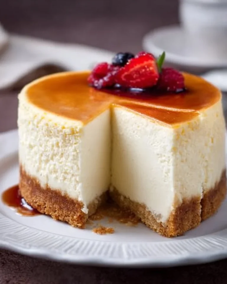 Slice of classic New York cheesecake with graham cracker crust and berry topping