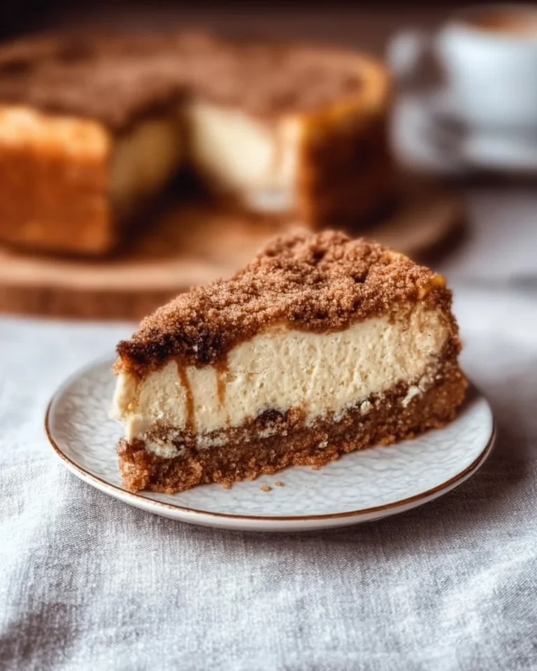 A decadent slice of coffee cake cheesecake topped with a sprinkle of cinnamon.