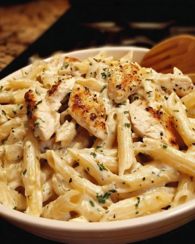 Creamy Olive Garden chicken pasta served in a bowl with fresh herbs