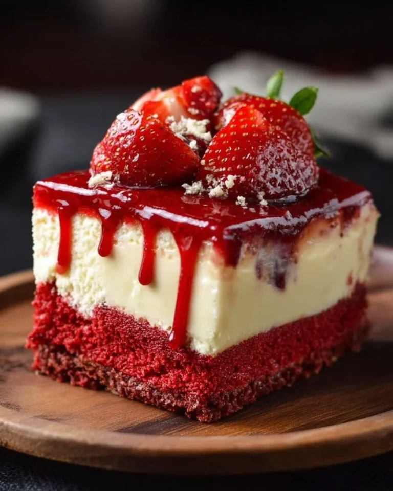 Delicious red velvet strawberry cheesecake topped with fresh strawberries