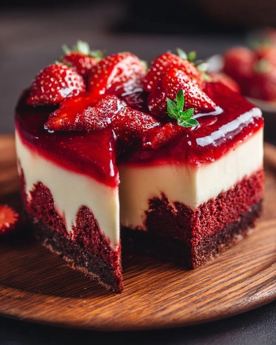 Delicious Red Velvet Strawberry Cheesecake