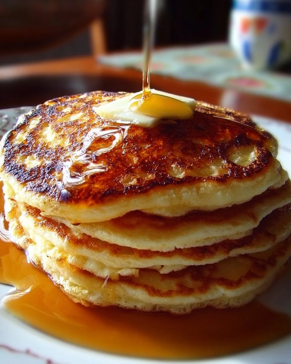Fluffy Cracker Barrel pancakes stacked on a plate with syrup