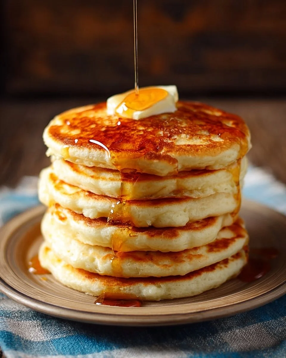 Stack of fluffy pancakes topped with syrup and fresh berries