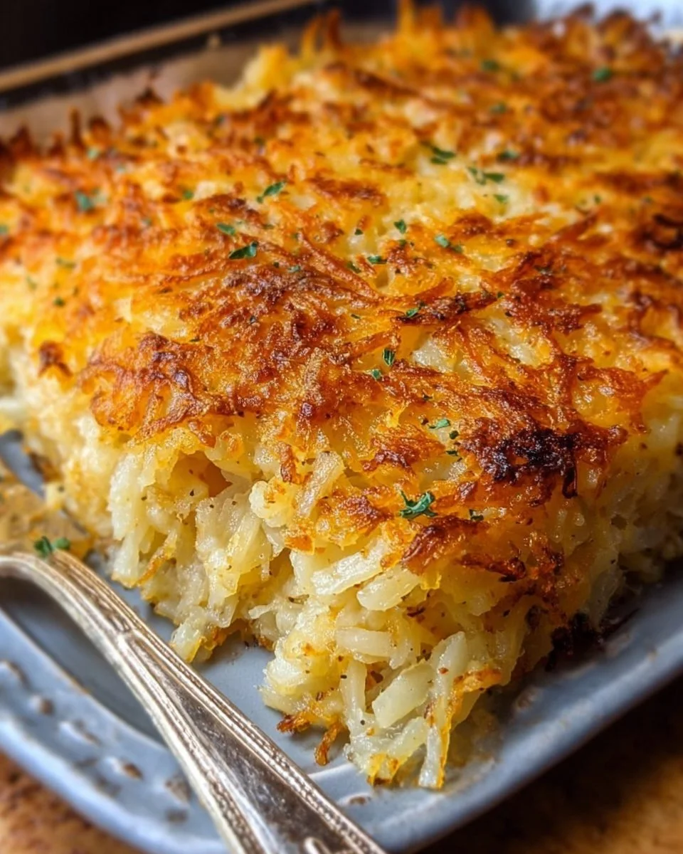 Deliciously cheesy Hashbrown Casserole in a baking dish